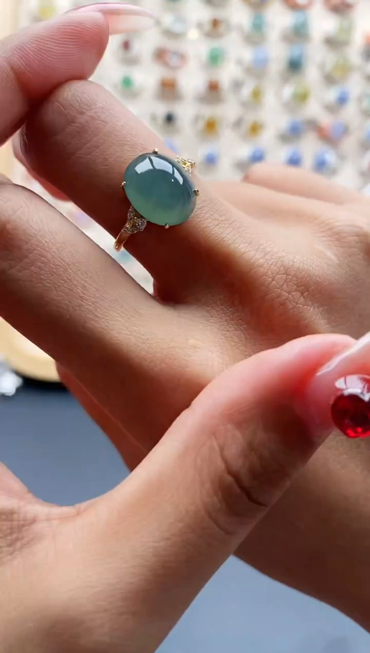 【闪购商品】翡翠戒指银S925镶嵌缅甸天然A货翡翠444 5+5