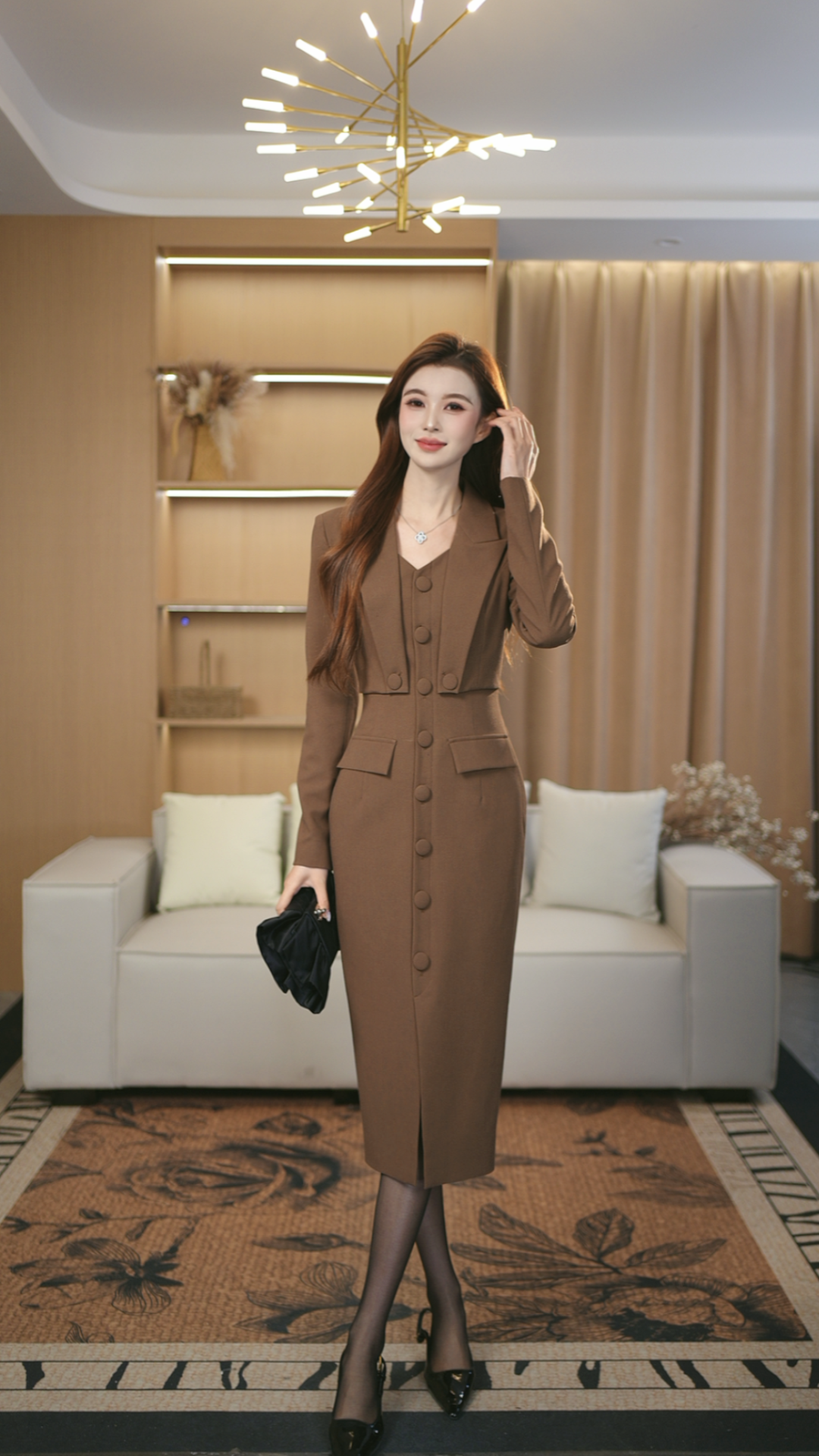 罗曼定制 高定原创棕色长袖时尚收腰显瘦秋西装连衣裙女高级感