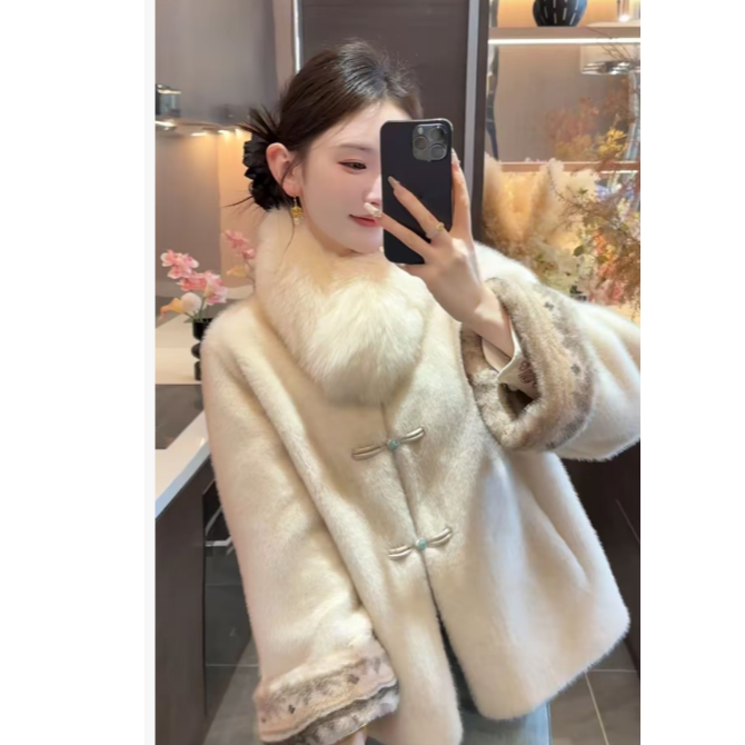 【玉锦】2025新款秋冬长袖新中式皮绒一体气质时尚设计感百搭外套