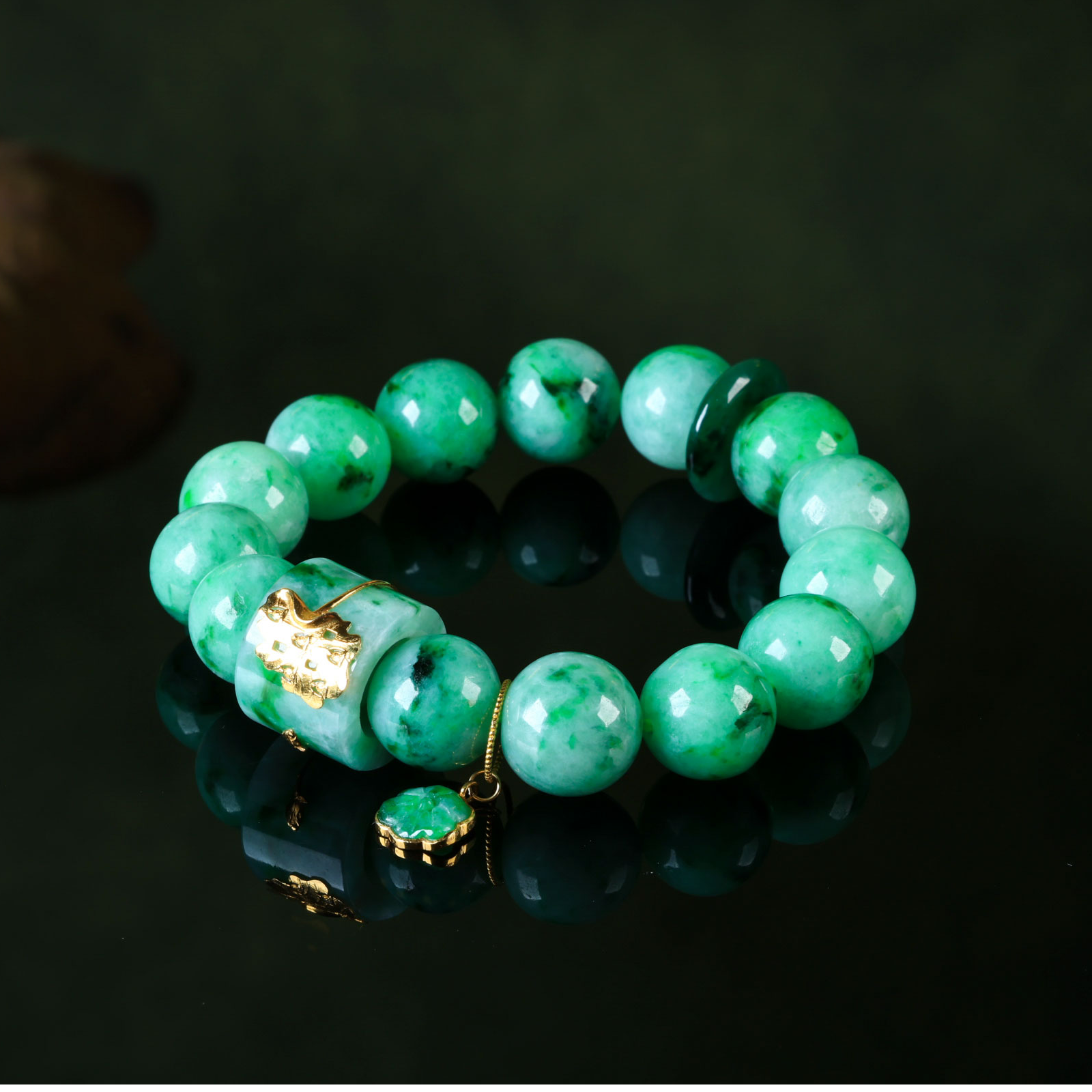 【意婵】《静谧荷》（13mm）18K金典藏级浓阳绿老翡翠单圈手串-917089