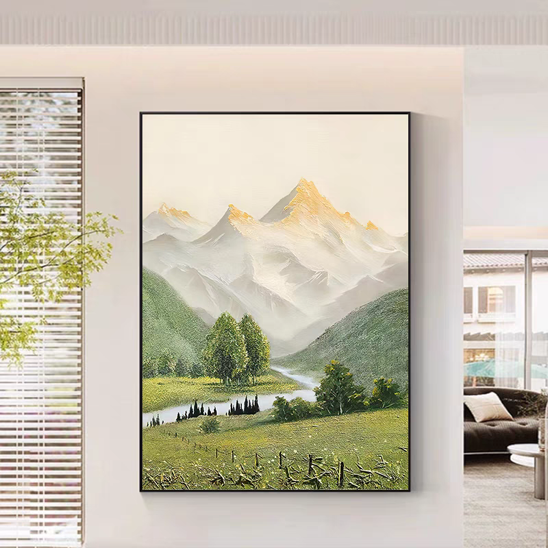 砂岩【金山绿水】现代轻奢客厅背景墙抽象油画玄关挂画80120