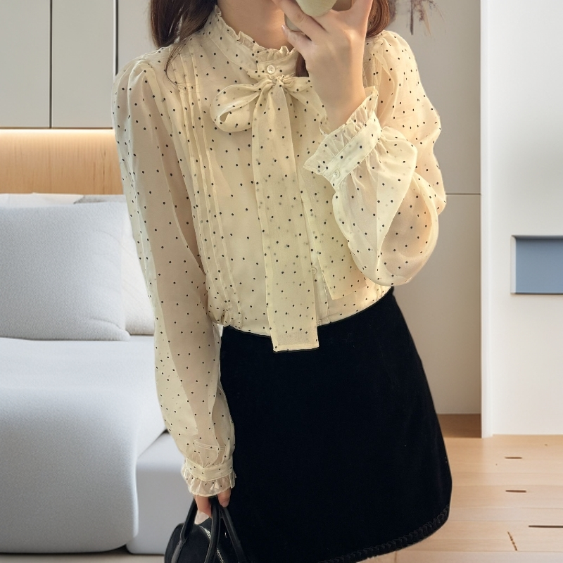 【商场品质】法式小众气质时尚知性优雅系带波点长袖衬衫 QS 09388