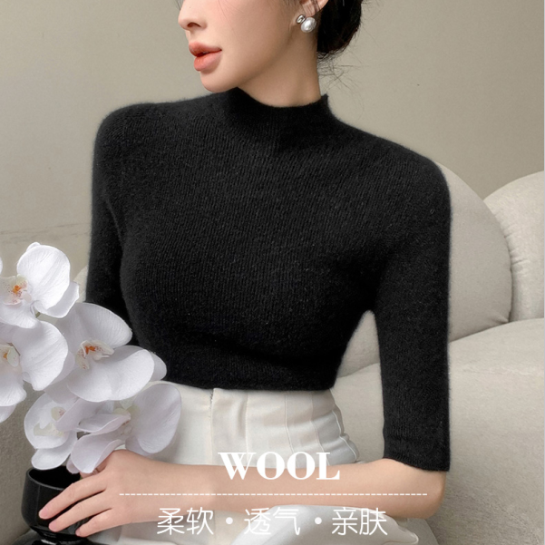 精纺毛衫一线成衣无缝半高领五分袖针织打底衫女秋冬中袖修身毛衣