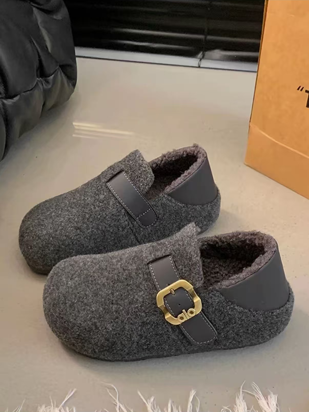 勃肯鞋女灰色冬季新款毛呢厚底百搭两穿毛毛鞋加绒保暖棉鞋9089