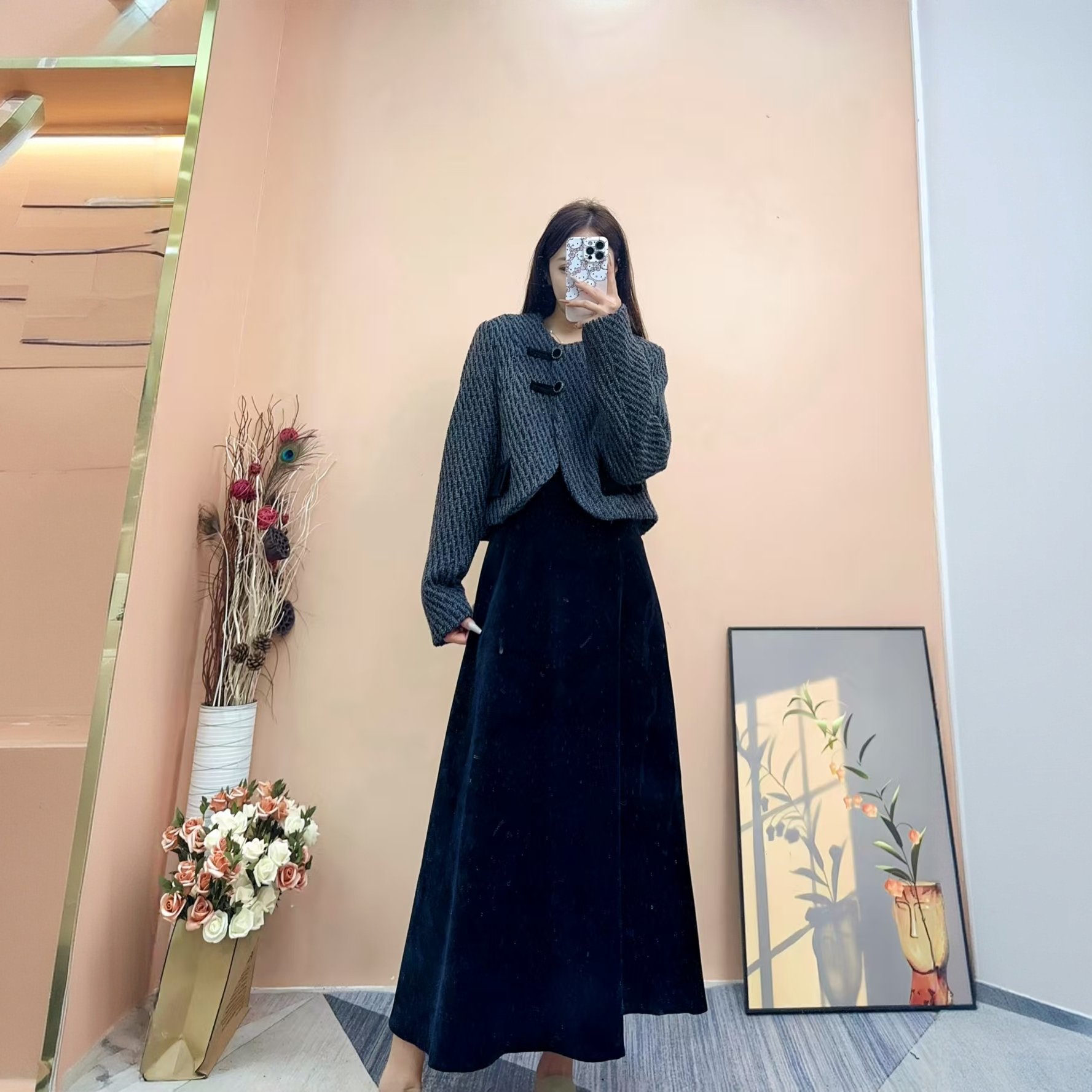 [依易原创]法式气质赫本丝绒裙小香风外套优雅套装D0323