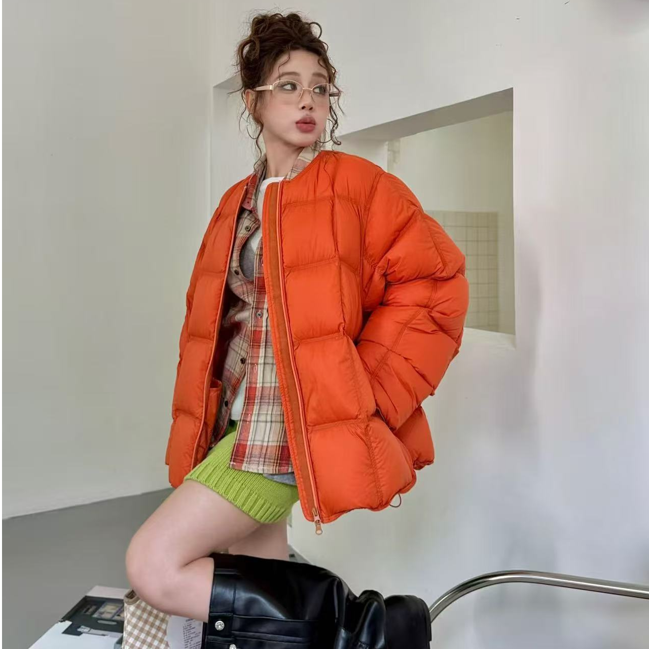 欧2025冬季新品云朵方格羽绒服长
