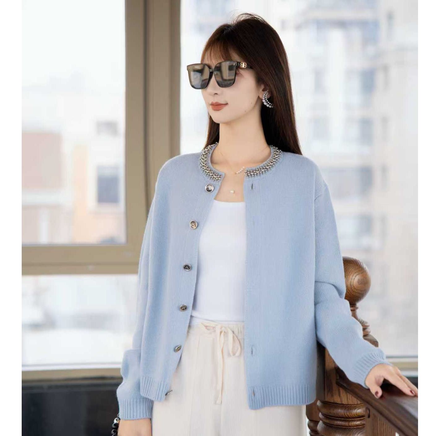 阿玛施AMASS【钉珠开衫】时尚百搭宽松圆领开衫548091