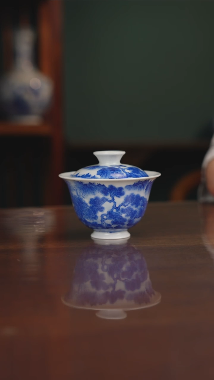 晓月柴窑 山水盖碗