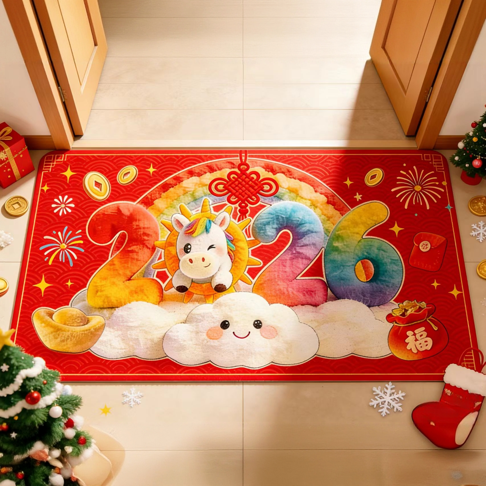可爱小马入户门硅藻泥地垫红色喜庆浴室厕所脚垫新年卡通玄关地毯