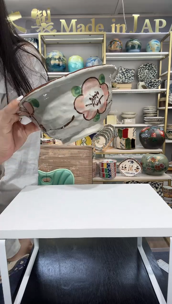 瓷手绘粉色山茶花变形面碗19.5cm一只