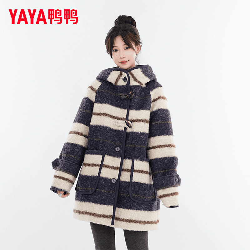 YAYA/鸭鸭90绒时尚休闲女士连帽宽松条纹冬季YE4B617752H