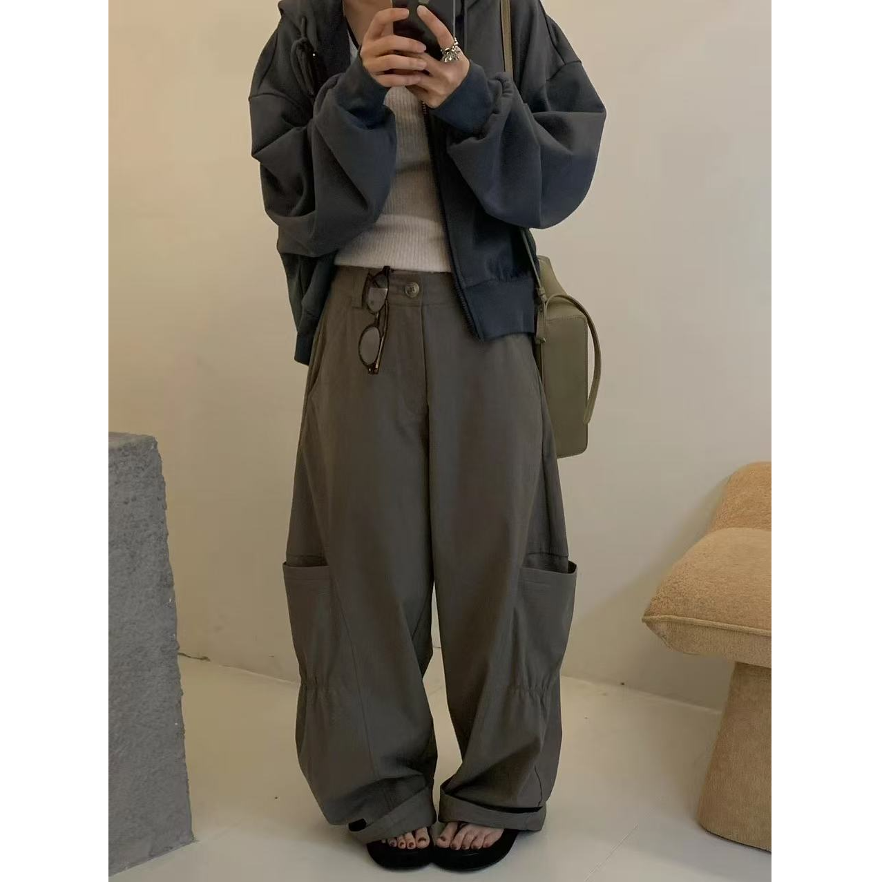 韩版百搭休闲工装裤秋季新款宽松侧口袋褶皱百搭阔腿裤显瘦Y1418