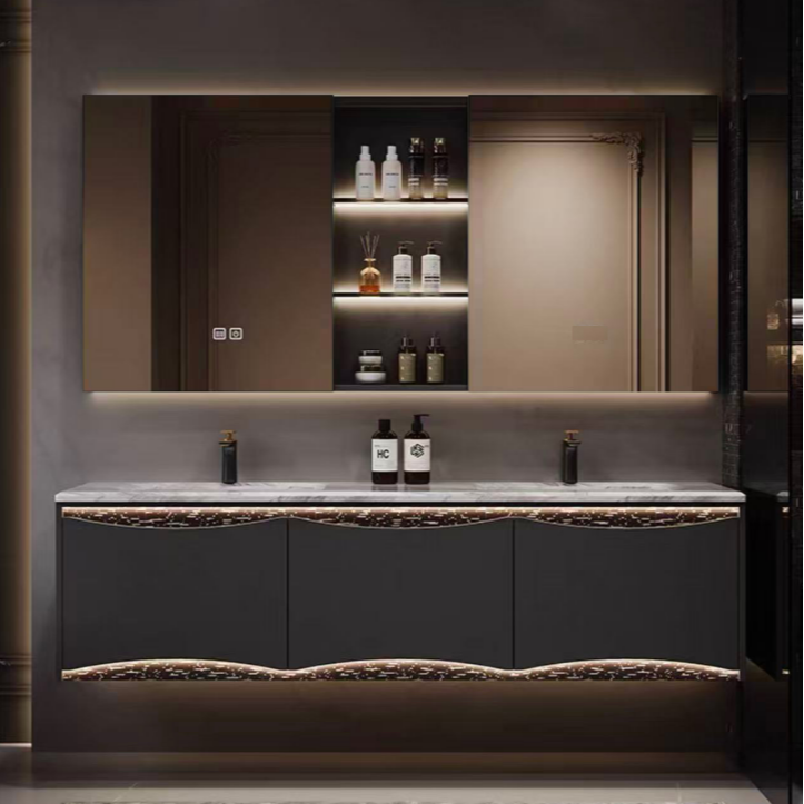 [设计师高定款]高级感轻奢浴室柜组合奢石台面橡胶木烤漆洗漱盆柜