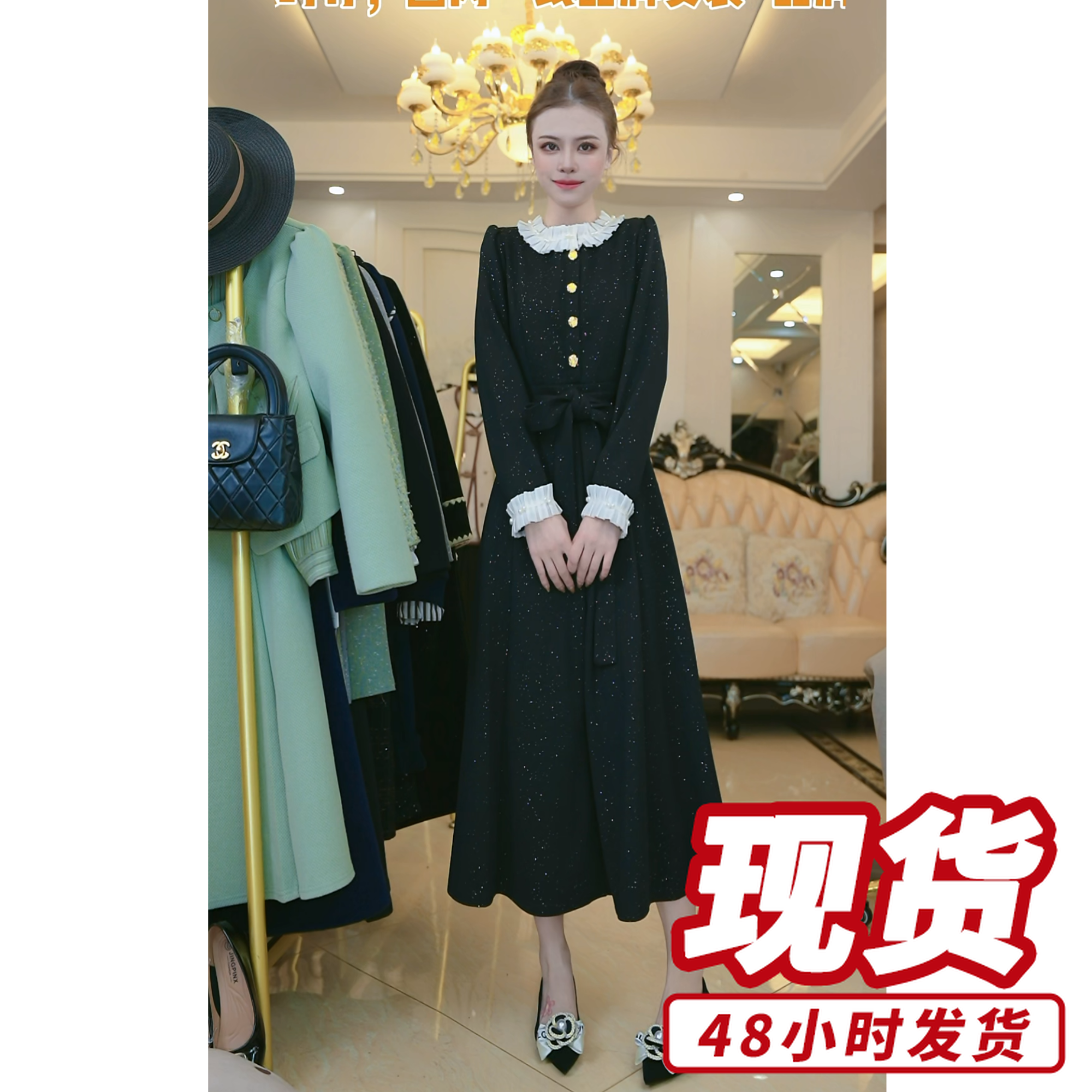 高档贵妃小黑裙连衣裙女新款赫本时尚木耳拼接过膝收腰Y659101