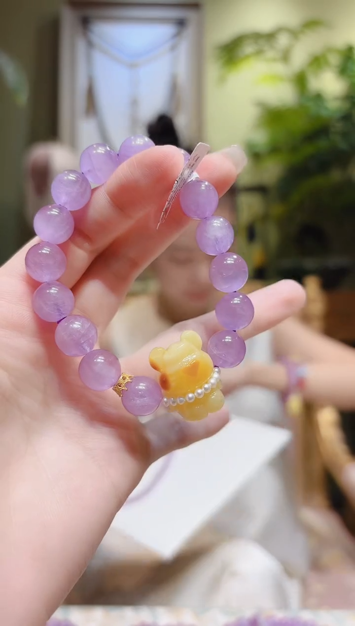 【闪购商品】锂辉石手串18K金镶嵌蜜蜡熊紫锂辉手串B2号