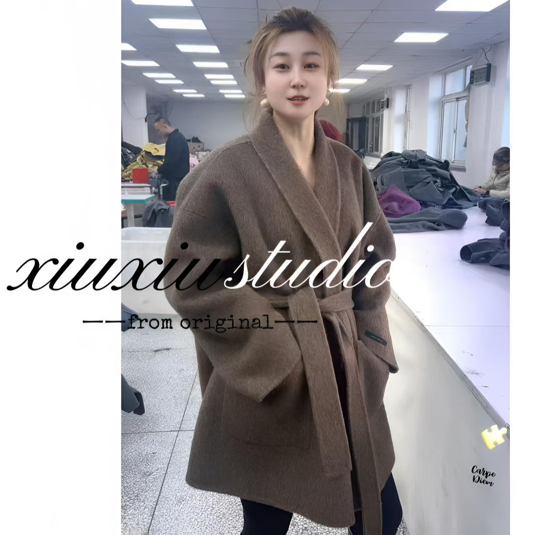 极简风双面羊毛手工系带浴袍大衣大女主外套