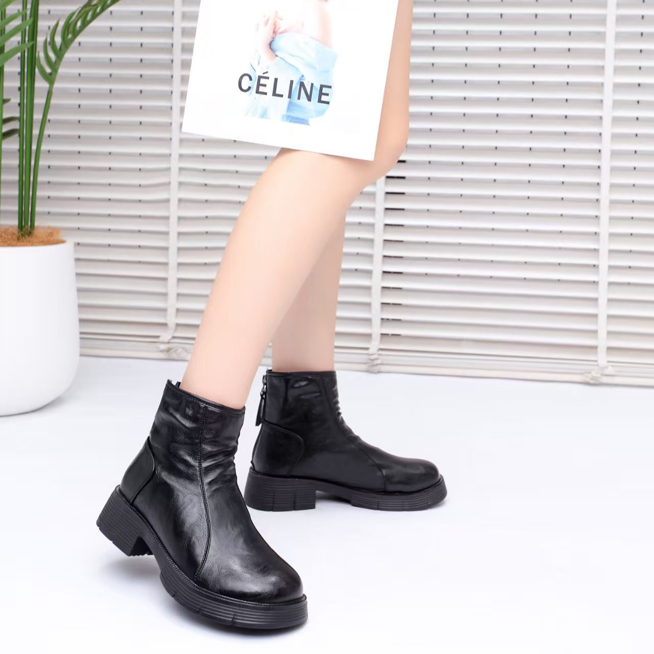 拉链冬季短靴圆头平跟女靴时尚秋季休闲女秋冬粗跟2755