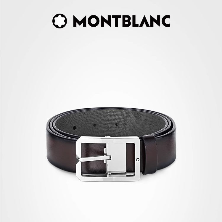 【圣诞礼物】Montblanc/万宝龙矩形带扣 棕褐色/灰色双面腰带35mm男