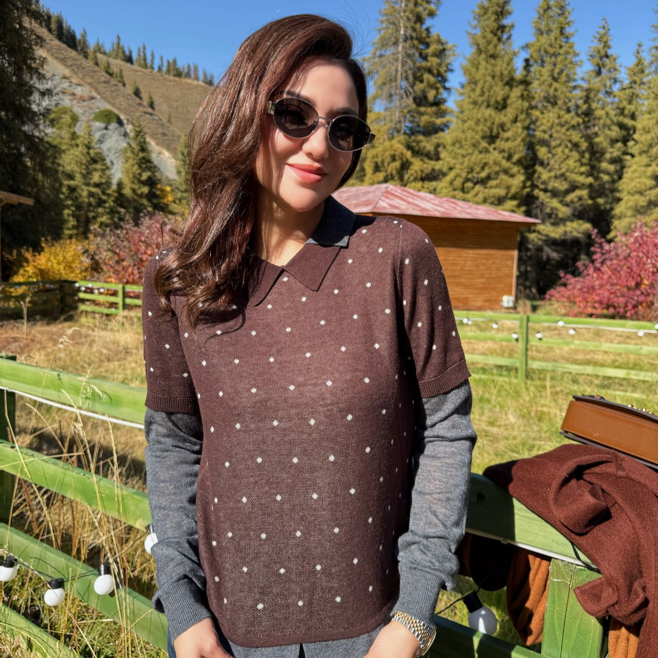 MUBINE 秋冬新款休闲风假两件波点翻领羊毛上衣 25235