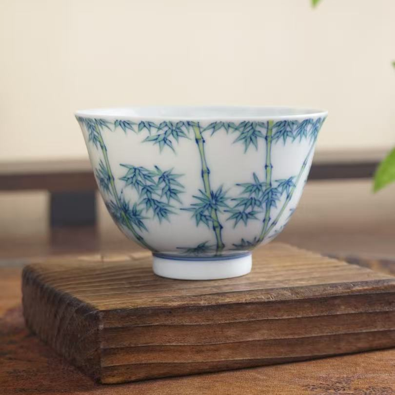 儒仕堂纯手工手绘斗彩竹纹主人杯陶瓷功夫茶杯景德镇家用复古精工