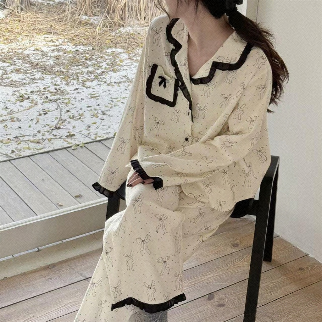 【长袖花边蝴蝶结】春秋季云朵绵睡衣女两件套家居服翻领保暖睡衣