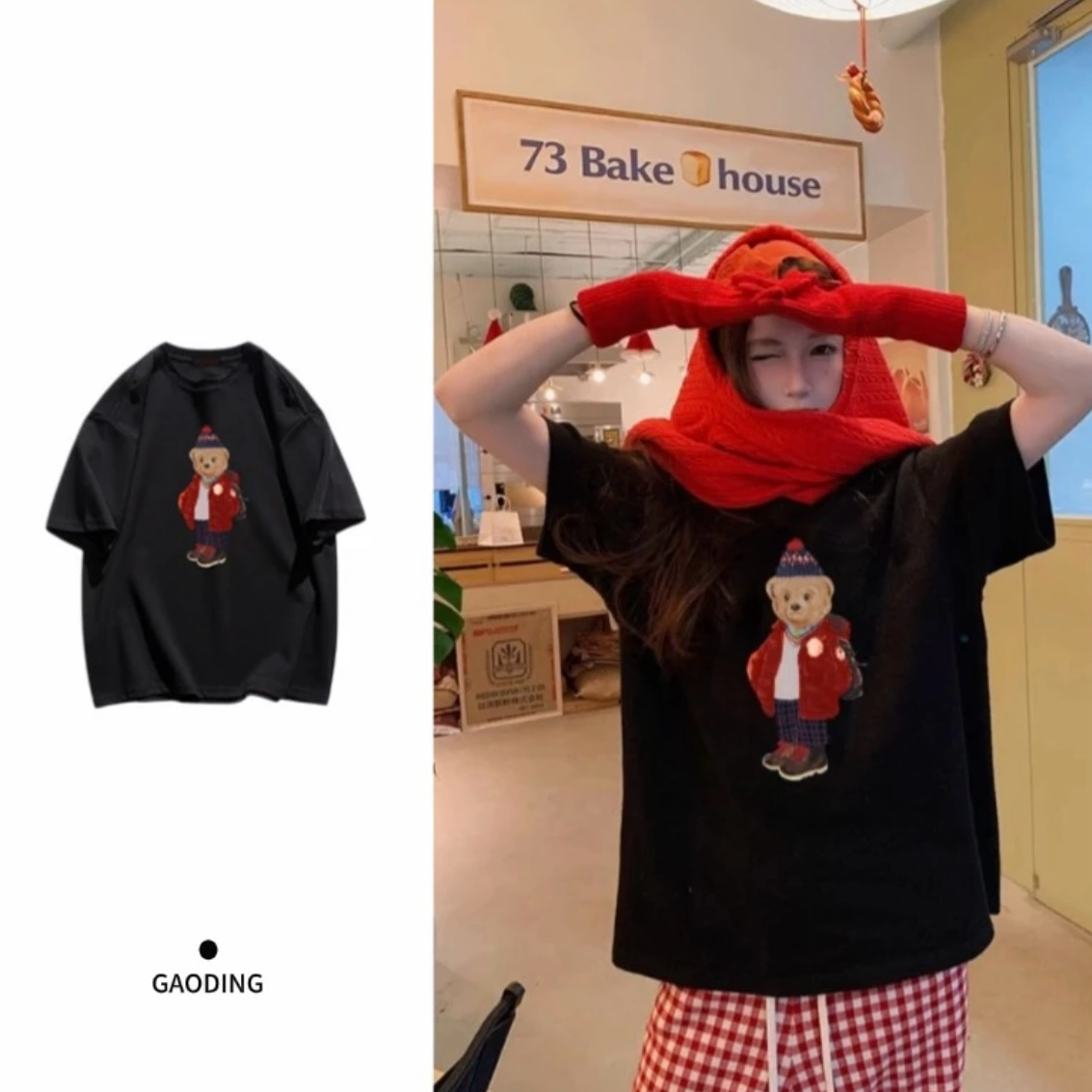 AZGO潮牌夏季宽松印花圆领ins百搭网红情侣设计感T恤（小熊）