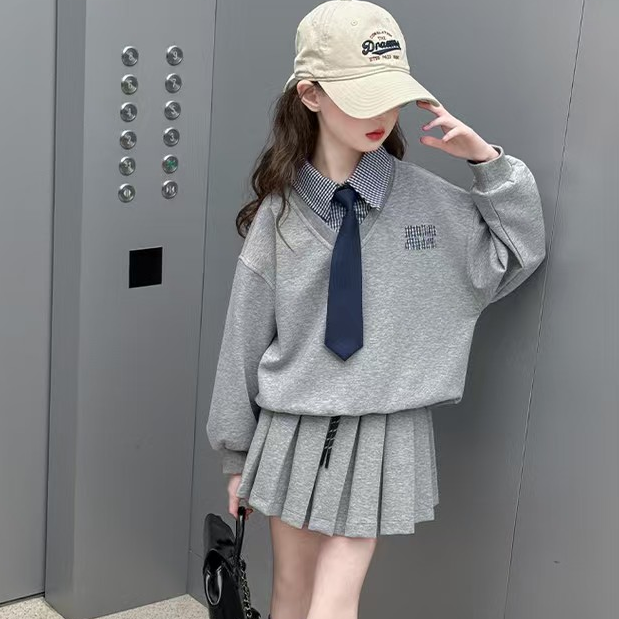 女童假两件卫衣百褶裙套装春秋2025新款中大童学院风洋气领带裙子