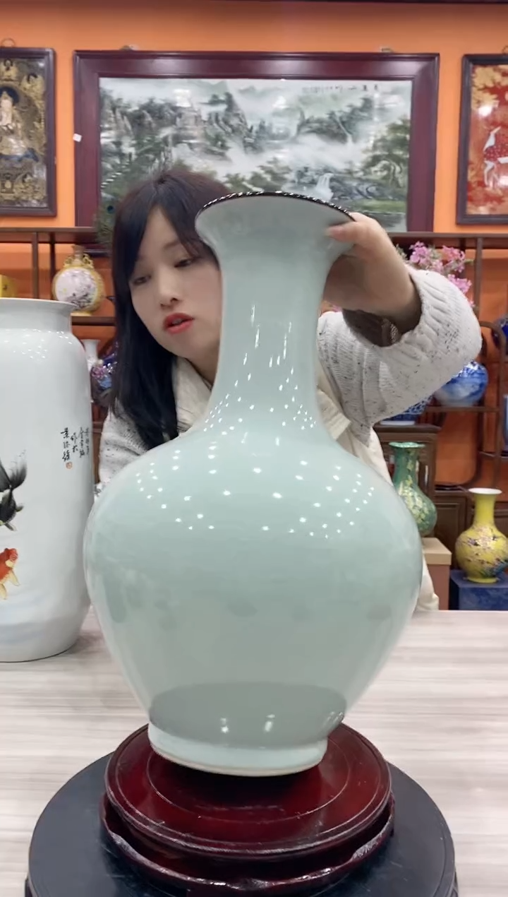 【闪购商品】瓶景德镇陶瓷器青瓷破裂赏瓶+旋转底座
