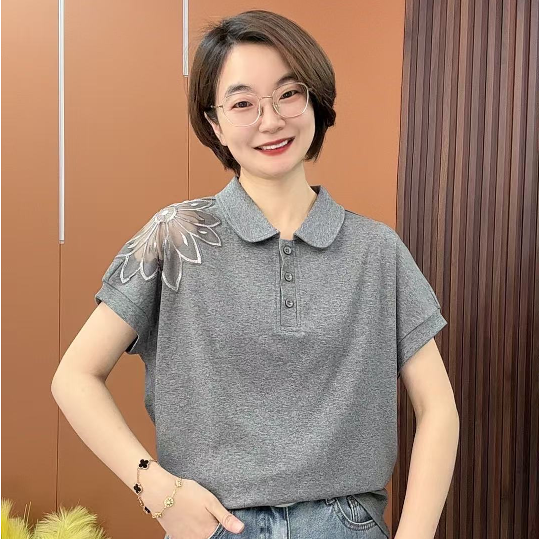 2025夏季新款纯色翻领花边设计时尚洋气女士上衣Q88