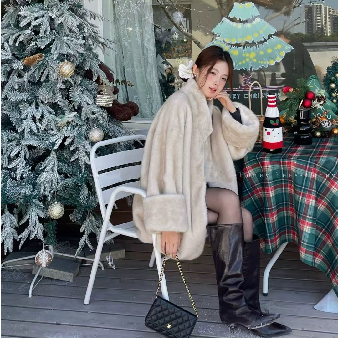 人造皮草 红人上新-女款极简挽袖立领中古松弛感双色保暖毛毛外套