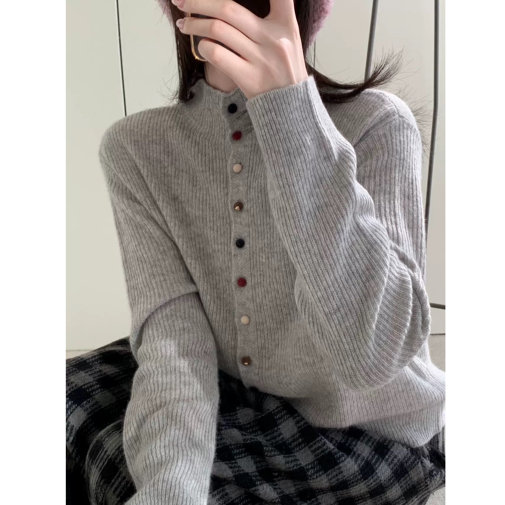 【运费补贴】【彩色扣子】浅灰色半高领气质针织毛衣女外套宽松上衣