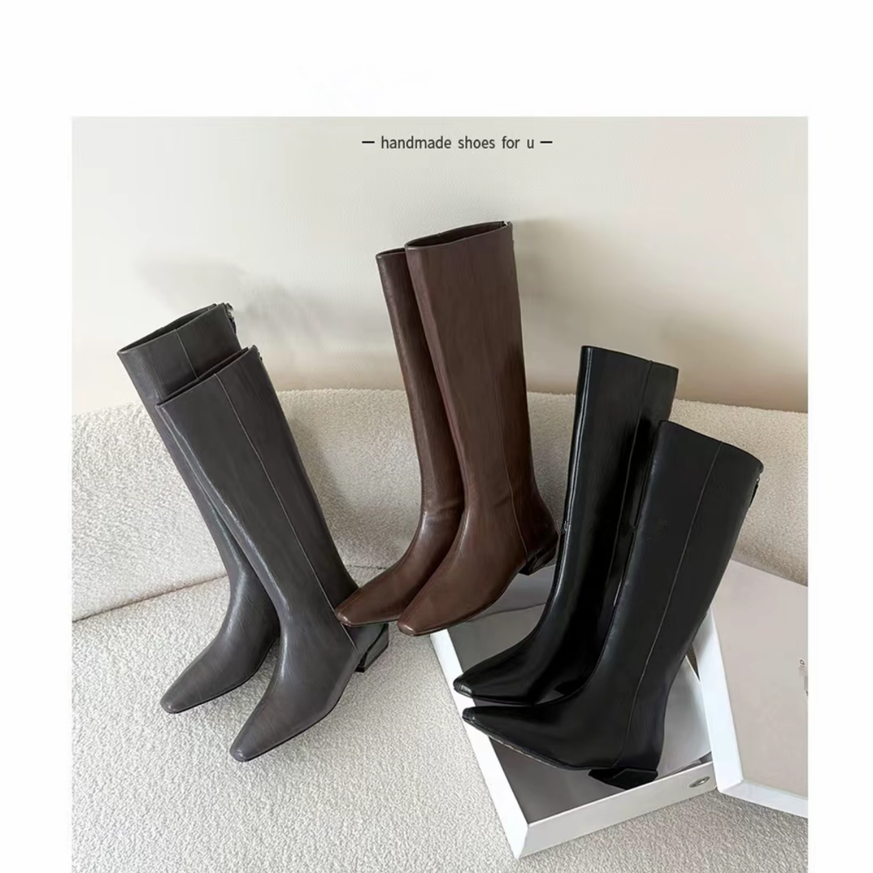 【颜颜专属】2.5cm方头后拉链及膝靴长筒时装靴百搭高筒靴6629