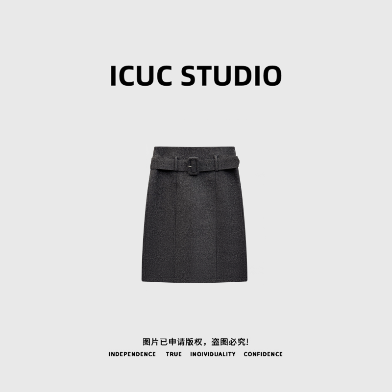 ICUC STUDIO- "南特假日"毛呢直筒后开叉中裙半身裙1367