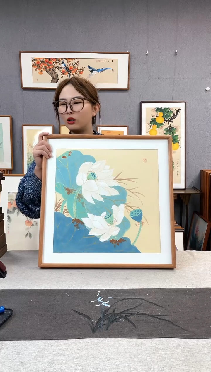 【闪购商品】国画唐以宁-纯手绘带框作品-53*53-荷花