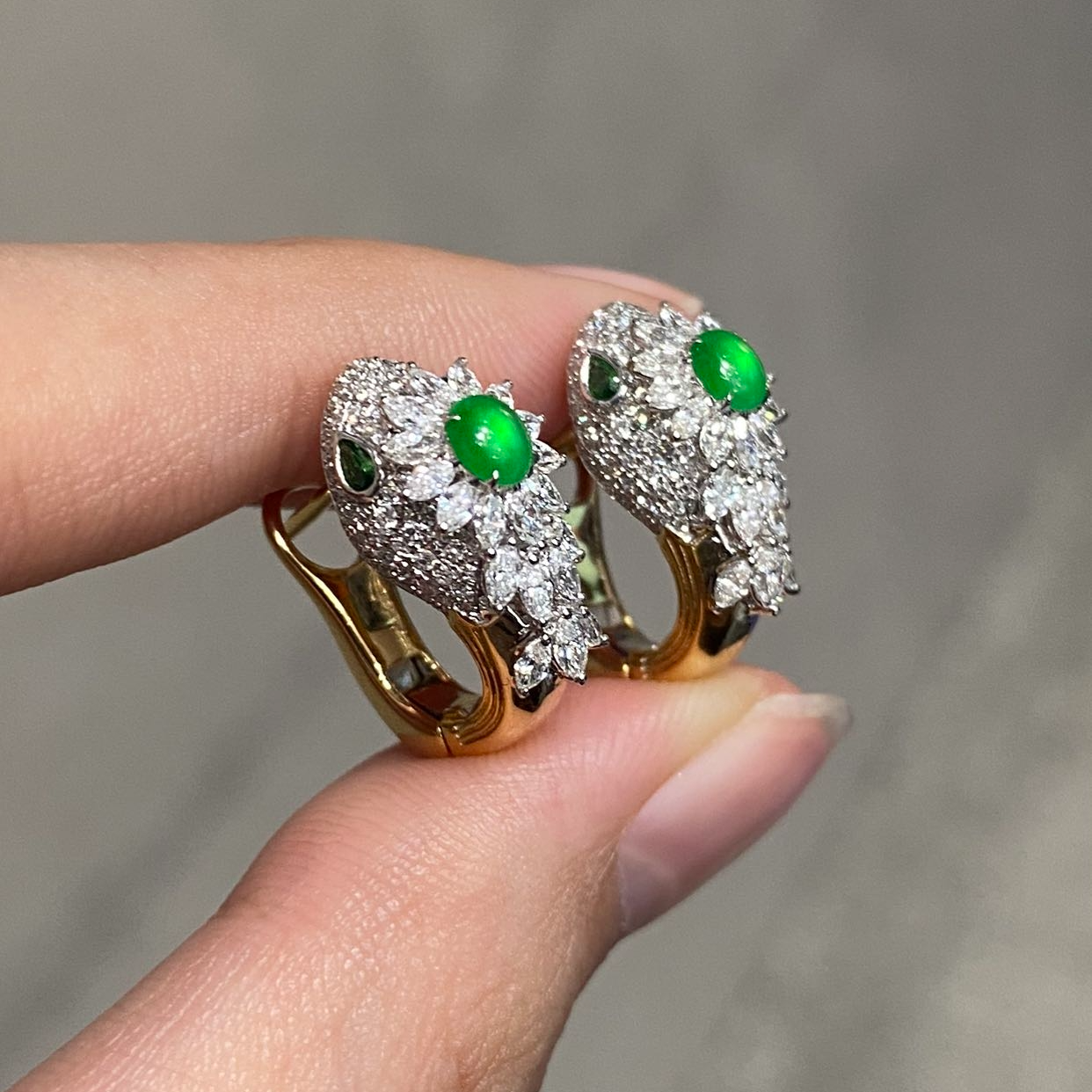 【福公子珠宝】-定制-蛇耳包18K金镶嵌翡翠耳饰-CY-多样性一件发