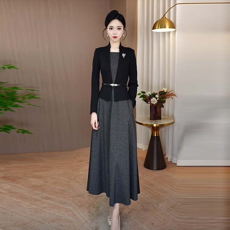 连衣裙女2025秋季新款修身显瘦气质优雅裙子时尚轻奢拼接长袖长裙