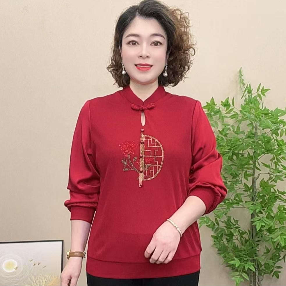 长袖妈妈装秋季中老年女装小衫洋气宽松国风盘扣时尚中国风针织