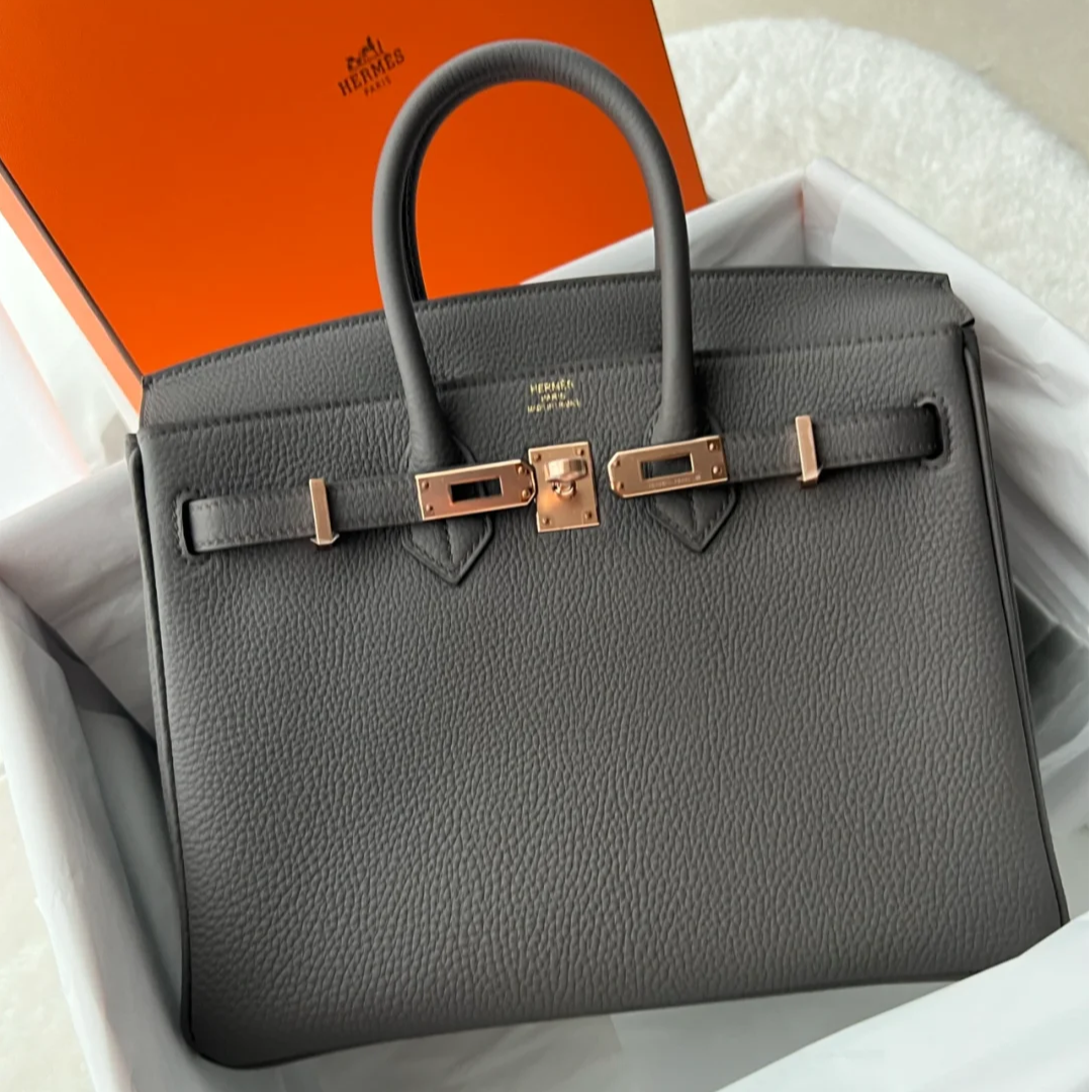 99新 Hermes/爱马仕 小花柳 Birkin25 8F锡器灰Togo皮 Z刻 金扣
