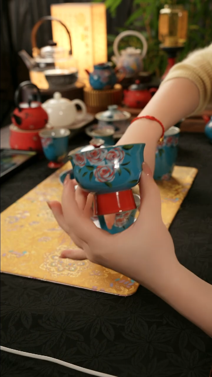 陶瓷茶具亮面玫瑰高足圆口杯