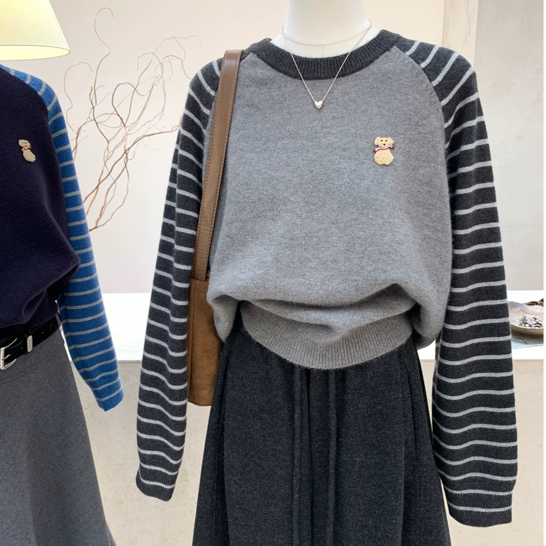【80-200斤】韩系穿搭针织上衣女秋冬条纹刺绣宽松显瘦毛衣打底衫潮