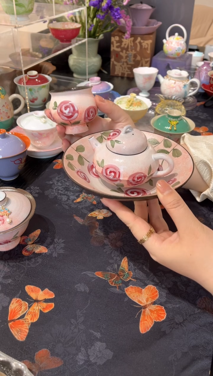 【闪购商品】粉引 般红玫瑰 茶壶+茶杯+壶承