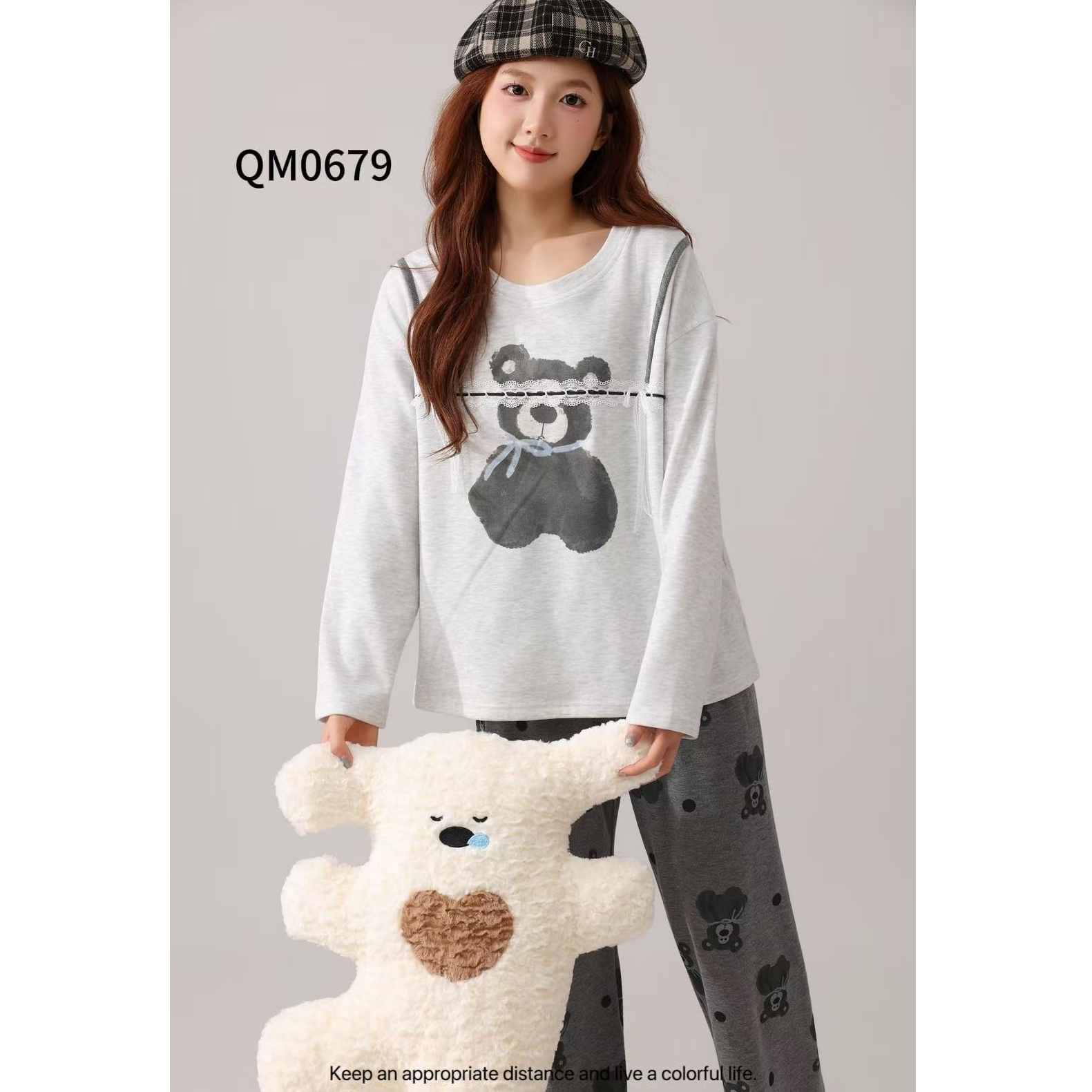 设计熊 羊毛蚕丝学院风睡衣长袖长裤保暖设计感厚款家居服0679