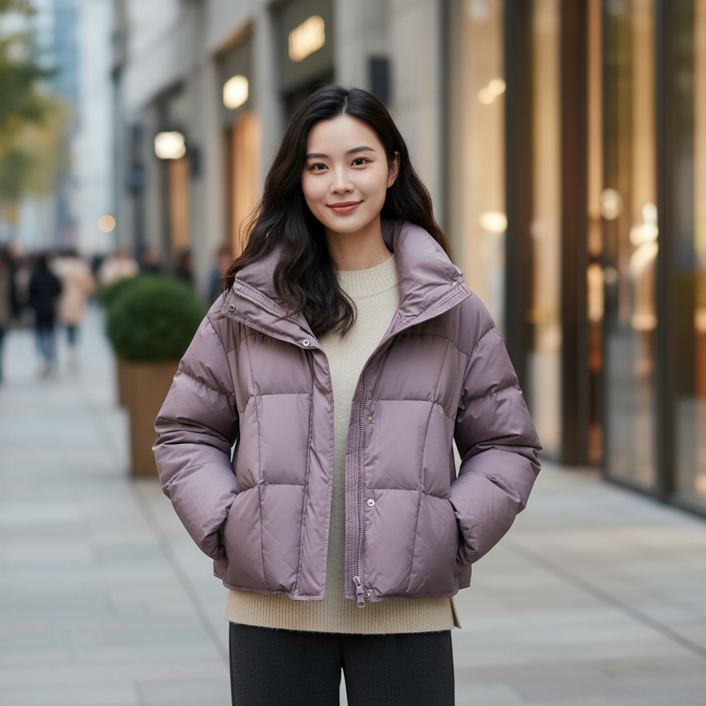 易菲时尚冬季短款女士连帽立领通勤羽绒服
