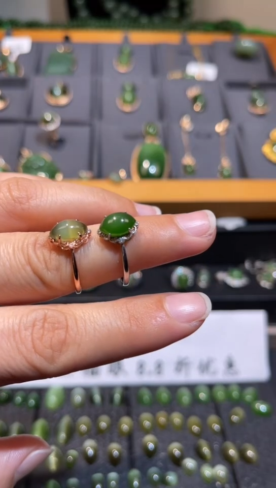 【闪购商品】和田玉碧玉猫眼戒指银S925镶嵌多样性发一