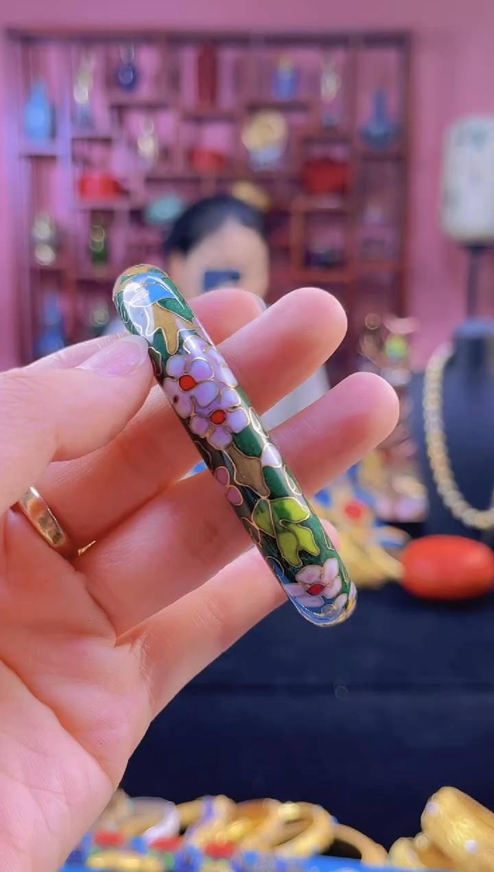 景泰蓝棍镯圈口55-60粗绿色