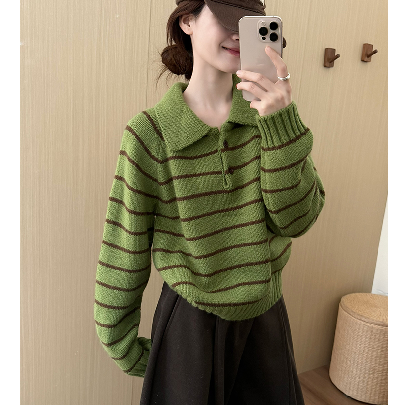 高级复古POLO领条纹毛衣2025秋季新款气质百搭显瘦宽松上衣小衫女
