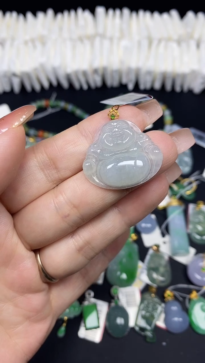 吊坠(不含链)18K金镶嵌翡翠佛公18K金扣镶嵌@@CMT1456-1