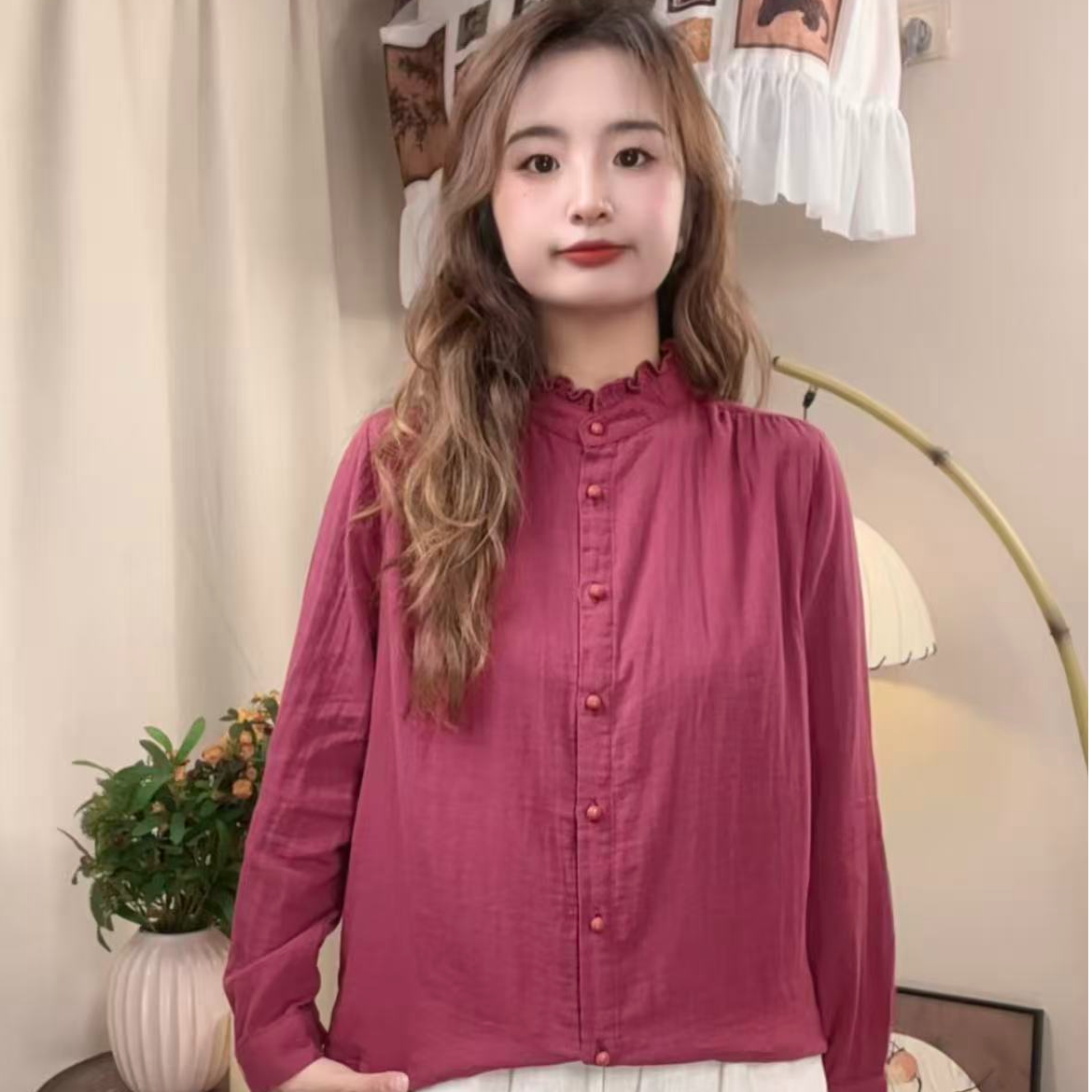 2025春季木耳领长袖衬衫休闲简约百搭婴儿棉双层纱上衣女4715