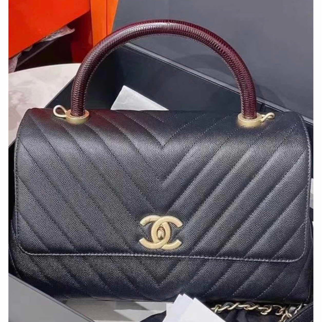 99新 Chanel/香奈儿 小花6枫handle口盖包 蜥蜴皮手柄 金扣 28开