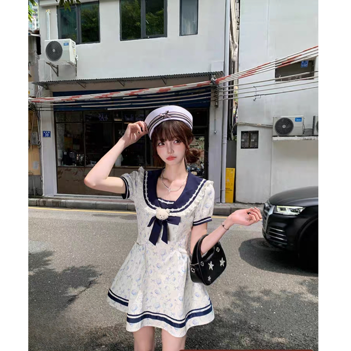【盐系少女】学院风海军领短袖连衣裙女夏季小个子印花短裙子套装